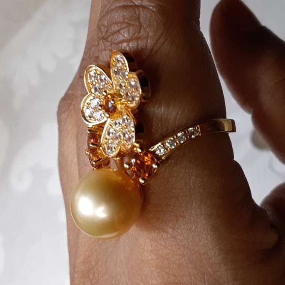 925  Golden South Sea Pearl, Madeira Citrine, White Zircons Ring. 10.5mm FIRM. - Picture 6 of 17